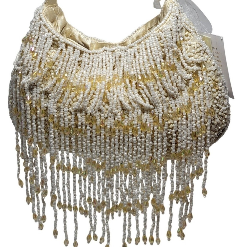 Hand Beaded Fringe Evening Bag White Yellow Crystal Sequin India Boho Clutch NEW